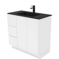 Fienza Fingerpull Gloss White 900 Cabinet on Kickboard , With Moulded Basin-Top - Montana Solid Surface Left Hand Drawer