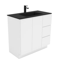 Fienza Fingerpull Gloss White 900 Cabinet on Kickboard , With Moulded Basin-Top - Montana Solid Surface Right Hand Drawer