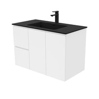 Fienza Fingerpull Gloss White 900 Wall Hung Cabinet, 2 Solid Drawers, Bevelled Edge , With Moulded Basin-Top - Montana Solid Surface Left Hand Drawer