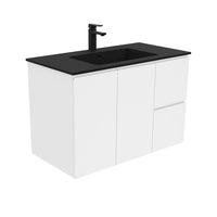 Fienza Fingerpull Gloss White 900 Wall Hung Cabinet, 2 Solid Drawers, Bevelled Edge , With Moulded Basin-Top - Montana Solid Surface Right Hand Drawer