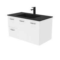Fienza UniCab Gloss White 900 Wall Hung Cabinet, Solid Doors , With Moulded Basin-Top - Montana Solid Surface Left Hand Drawer