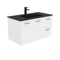 Fienza UniCab Gloss White 900 Wall Hung Cabinet, Solid Doors , With Moulded Basin-Top - Montana Solid Surface Right Hand Drawer