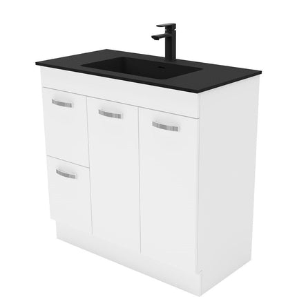 Fienza UniCab Gloss White 900 Cabinet on Kickboard, Solid Doors , With Moulded Basin-Top - Montana Solid Surface Left Hand Drawer
