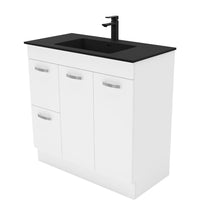 Fienza UniCab Gloss White 900 Cabinet on Kickboard, Solid Doors , With Moulded Basin-Top - Montana Solid Surface Left Hand Drawer