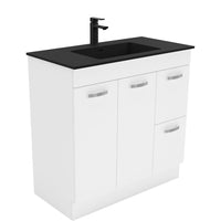 Fienza UniCab Gloss White 900 Cabinet on Kickboard, Solid Doors , With Moulded Basin-Top - Montana Solid Surface Right Hand Drawer