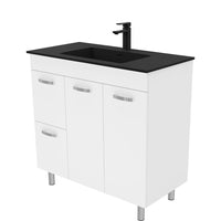 Fienza UniCab 900 Gloss White Cabinet on Legs, Left Hand Drawers, Solid Doors , With Moulded Basin-Top - Montana Solid Surface