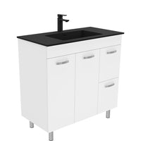 Fienza UniCab 900 Gloss White Cabinet on Legs, Right Hand Drawers, Solid Doors , With Moulded Basin-Top - Montana Solid Surface