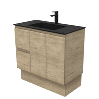 Fienza Edge Scandi Oak 900 Cabinet on Kickboard, Bevelled Edge , With Moulded Basin-Top - Montana Solid Surface Left Hand Drawer