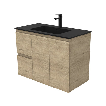 Fienza Edge Scandi Oak 900 Wall Hung Cabinet, Solid Doors, Bevelled Edge , With Moulded Basin-Top - Montana Solid Surface Left Hand Drawer