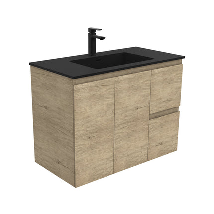 Fienza Edge Scandi Oak 900 Wall Hung Cabinet, Solid Doors, Bevelled Edge , With Moulded Basin-Top - Montana Solid Surface Right Hand Drawer