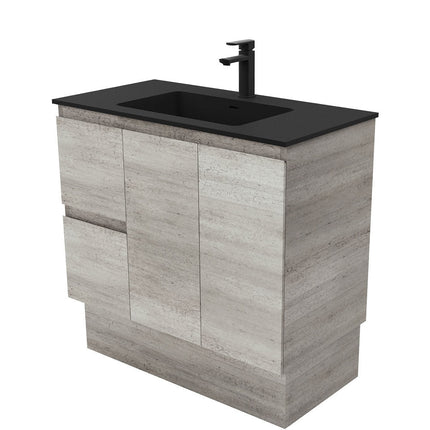 Fienza Edge Industrial 900 Cabinet on Kickboard, Solid Doors, Bevelled Edge , With Moulded Basin-Top - Montana Solid Surface Left Hand Drawer