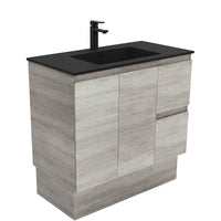 Fienza Edge Industrial 900 Cabinet on Kickboard, Solid Doors, Bevelled Edge , With Moulded Basin-Top - Montana Solid Surface Right Hand Drawer