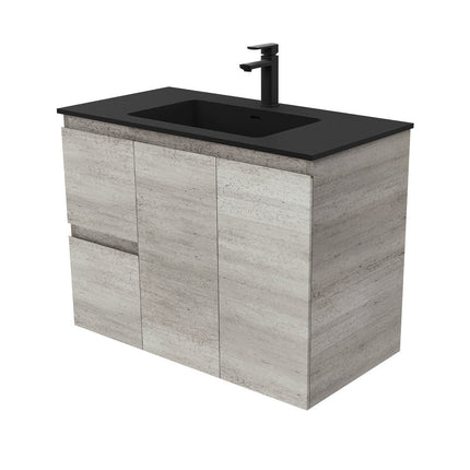 Fienza Edge Industrial 900 Wall Hung Cabinet, Solid Doors, Bevelled Edge , With Moulded Basin-Top - Montana Solid Surface Left Hand Drawer