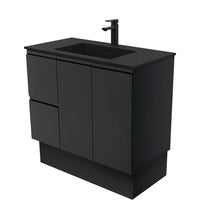 Fienza Fingerpull Satin Black 900 Cabinet on Kickboard, Solid Doors , With Moulded Basin-Top - Montana Solid Surface Left Hand Drawer
