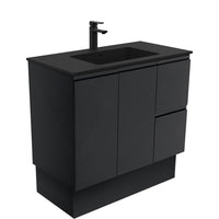Fienza Fingerpull Satin Black 900 Cabinet on Kickboard, Solid Doors , With Moulded Basin-Top - Montana Solid Surface Right Hand Drawer