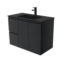 Fienza Fingerpull Satin Black 900 Wall Hung Cabinet, Solid Doors , With Moulded Basin-Top - Montana Solid Surface Left Hand Drawer