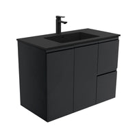 Fienza Fingerpull Satin Black 900 Wall Hung Cabinet, Solid Doors , With Moulded Basin-Top - Montana Solid Surface Right Hand Drawer
