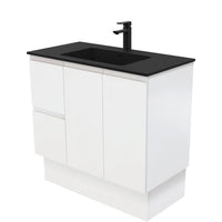 Fienza Fingerpull Satin White 900 Cabinet on Kickboard, Solid Doors , With Moulded Basin-Top - Montana Solid Surface Left Hand Drawer