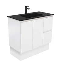 Fienza Fingerpull Satin White 900 Cabinet on Kickboard, Solid Doors , With Moulded Basin-Top - Montana Solid Surface Right Hand Drawer