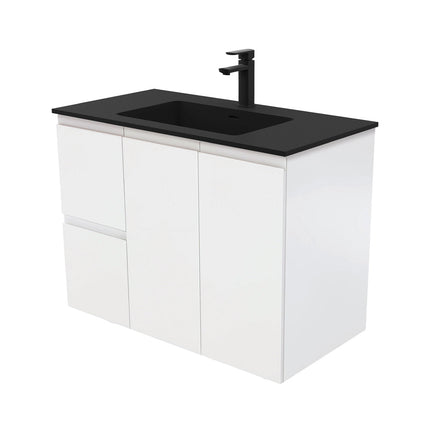 Fienza Fingerpull Satin White 900 Wall Hung Cabinet, Solid Doors , With Moulded Basin-Top - Montana Solid Surface Left Hand Drawer