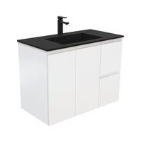 Fienza Fingerpull Satin White 900 Wall Hung Cabinet, Solid Doors , With Moulded Basin-Top - Montana Solid Surface Right Hand Drawer