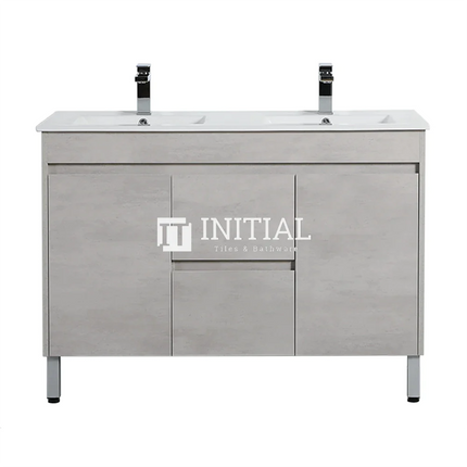 Nova 1200 Plywood Concrete Grey Freestanding Floor Vanity, 2 Solid Doors , With Ceramic Top Double Bowl