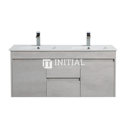 Nova 1200 Plywood Concrete Grey Wall Hung Vanity, 2 Solid Doors , With Ceramic Top Double Bowl