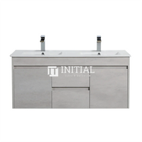 Nova 1200 Plywood Concrete Grey Wall Hung Vanity, 2 Solid Doors , With Ceramic Top Double Bowl
