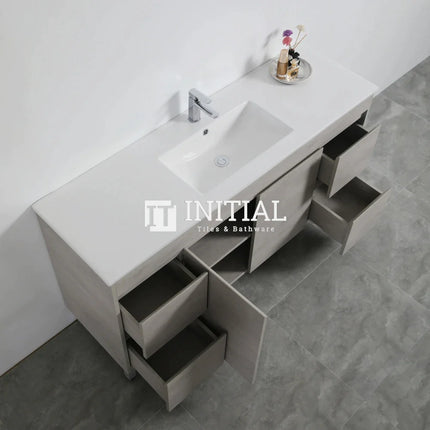 Nova 1500 Plywood Concrete Grey Freestanding Floor Vanity, 2 Solid Doors, 4 Drawers ,