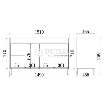 Nova 1500 Plywood Concrete Grey Freestanding Floor Vanity, 2 Solid Doors, 4 Drawers ,