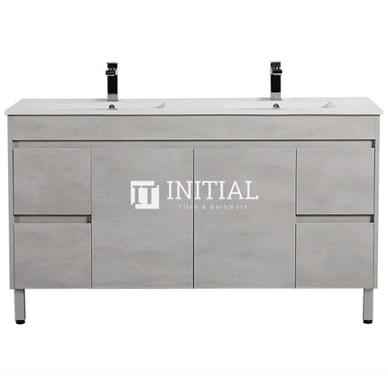 Nova 1500 Plywood Concrete Grey Freestanding Floor Vanity, 2 Solid Doors, 4 Drawers , With Ceramic Top Double Bowl