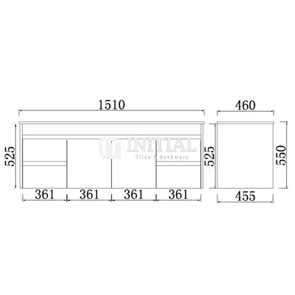 Nova 1500 Plywood Concrete Grey Wall Hung Vanity, 2 Solid Doors, 4 Drawers ,