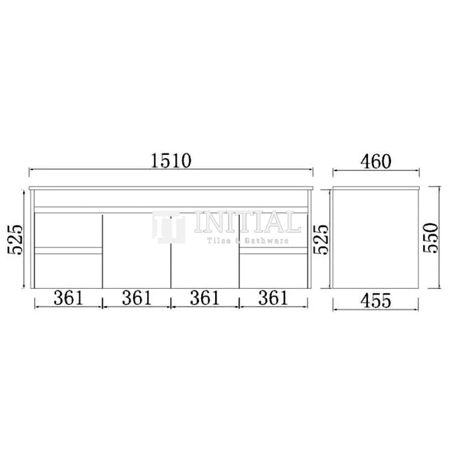 Nova 1500 Plywood Concrete Grey Wall Hung Vanity, 2 Solid Doors, 4 Drawers ,