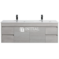 Nova 1500 Plywood Concrete Grey Wall Hung Vanity, 2 Solid Doors, 4 Drawers , With Ceramic Top Double Bowl