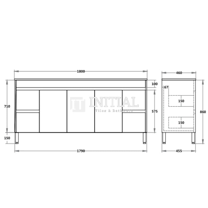 Nova 1800 Plywood Concrete Grey Freestanding Floor Vanity, 3 Solid Doors, 4 Drawers ,