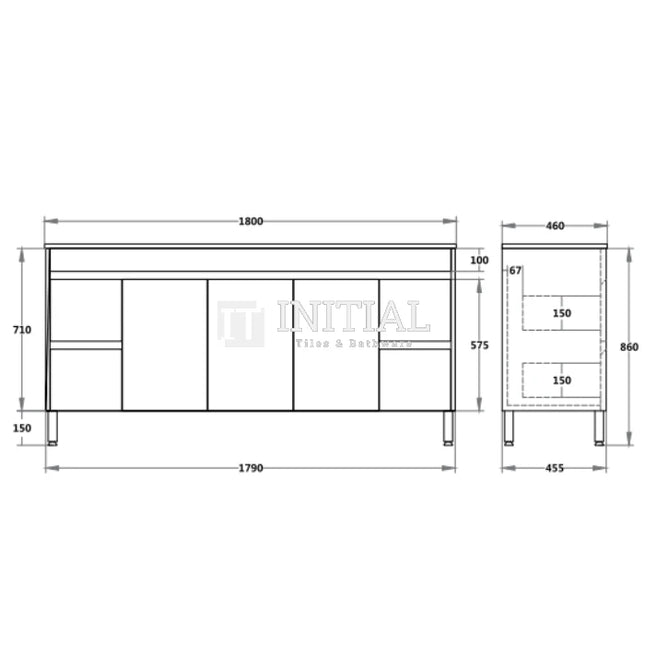 Nova 1800 Plywood Concrete Grey Freestanding Floor Vanity, 3 Solid Doors, 4 Drawers ,