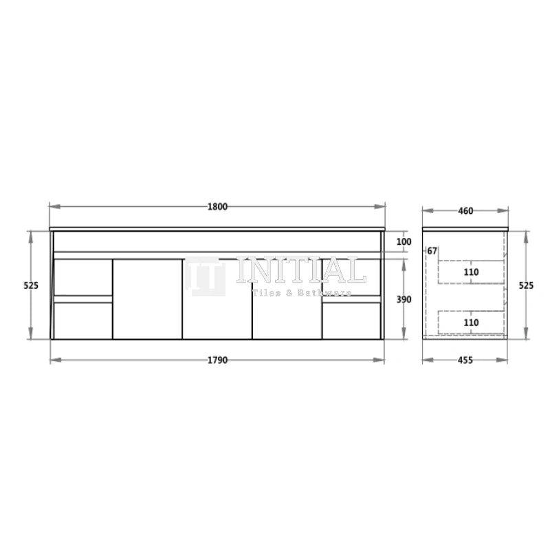 Nova 1800 Plywood Concrete Grey Wall Hung Vanity, 3 Solid Doors, 4 Drawers ,