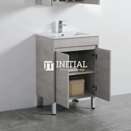 Nova 600 Plywood Concrete Grey Freestanding Floor Vanity, 2 Solid Doors ,