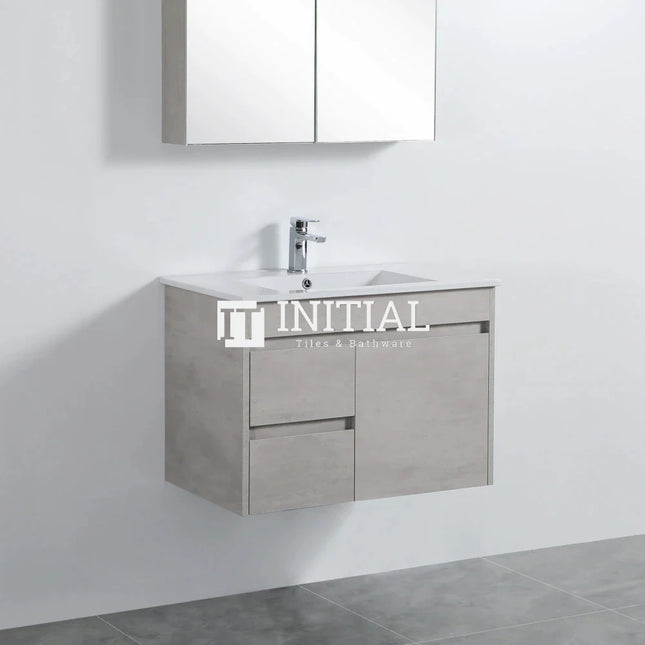 Nova 750 Plywood Concrete Grey Wall Hung Vanity, 1 Solid Door, 2 Drawers ,