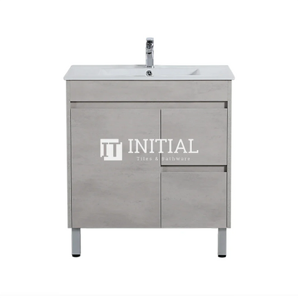 Nova 750 Plywood Concrete Grey Freestanding Floor Vanity, 1 Solid Door, 2 Drawers , With Ceramic Top Right Drawer