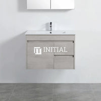 Nova 750 Plywood Concrete Grey Wall Hung Vanity, 1 Solid Door, 2 Drawers , With Ceramic Top Right Drawer