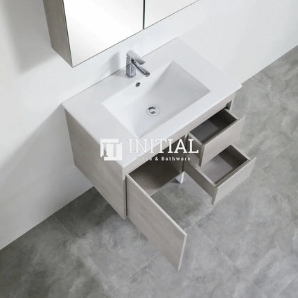 Nova 750 Plywood Concrete Grey Wall Hung Vanity, 1 Solid Door, 2 Drawers ,