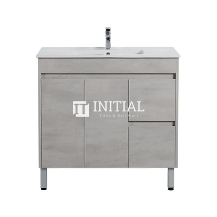 Nova 900 Plywood Concrete Grey Freestanding Floor Vanity, 2 Solid Doors, 2 Drawers , With Ceramic Top Right Drawer
