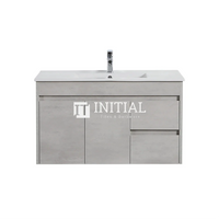 Nova 900 Plywood Concrete Grey Wall Hung Vanity, 2 Solid Doors, 2 Drawers , With Ceramic Top Right Drawer