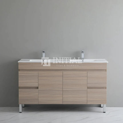 Stella 1500 Oak Freestanding Floor Vanity, 2 Solid Doors, 4 Drawers , With Ceramic Top Double Bowl