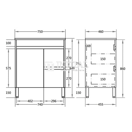 Stella 750 Oak Freestanding Floor Vanity, 1 Solid Door, 2 Drawers ,