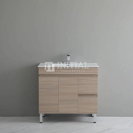 Stella 900 Oak Freestanding Floor Vanity, 2 Solid Doors, 2 Drawers , With Ceramic Top Right Drawer