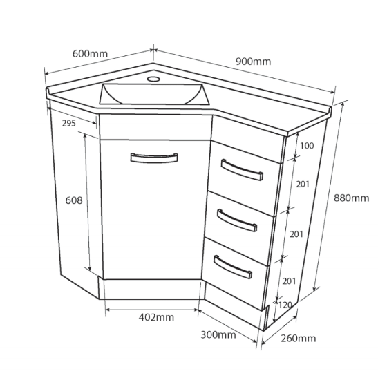 Fienza Gloss White Corner 6090 Vanity, Poly Marble Basin Top, 1 Tap Hole, Left Hand Basin ,