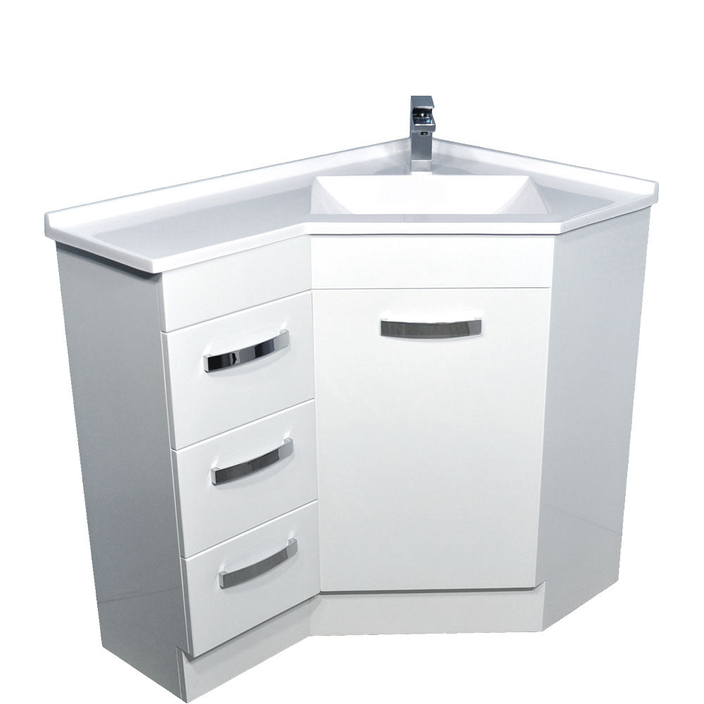 Fienza Gloss White Corner 9060 Vanity, Poly Marble Basin Top, 1 Tap Hole, Right Hand Basin ,