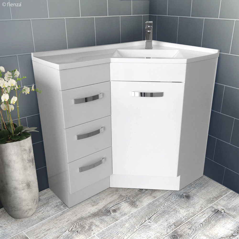 Fienza Gloss White Corner 9060 Vanity, Poly Marble Basin Top, 1 Tap Hole, Right Hand Basin ,
